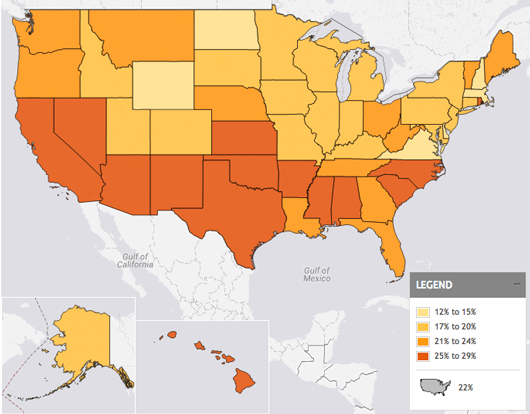Percentage of Children Living in Households that Were Food Insecure at Some Point in 2010